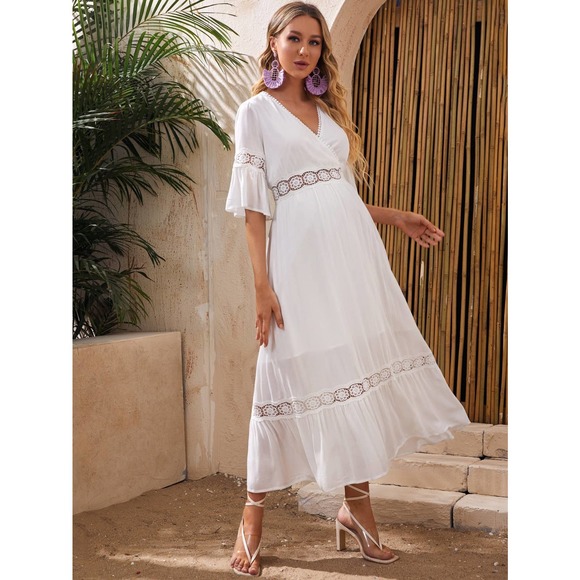 Maternity Lace Insert Ruffle Hem Dress - Picture 1 of 11